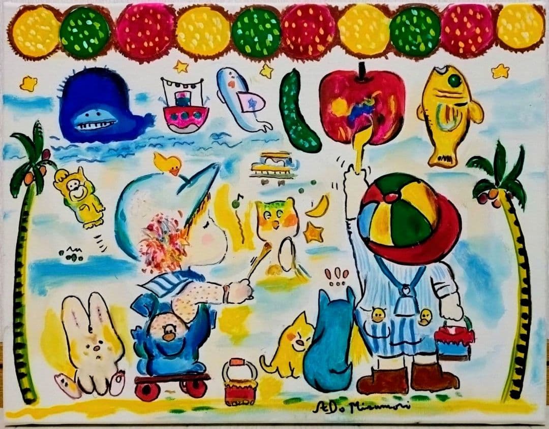 F6号】水森亜土 手描き作品/表裏サイン・裏描き有/油彩/アクリル/額縁