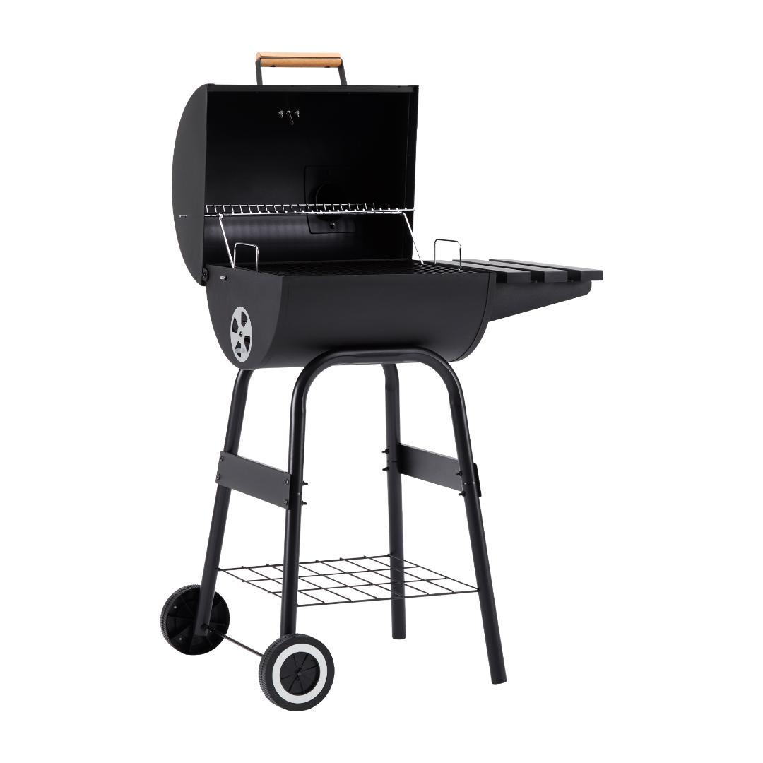 BBQコンロ 焼き網 温度計 サイドテーブル キャスター 煙突付き Black