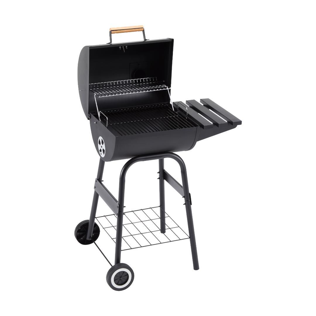 BBQコンロ 焼き網 温度計 サイドテーブル キャスター 煙突付き Black