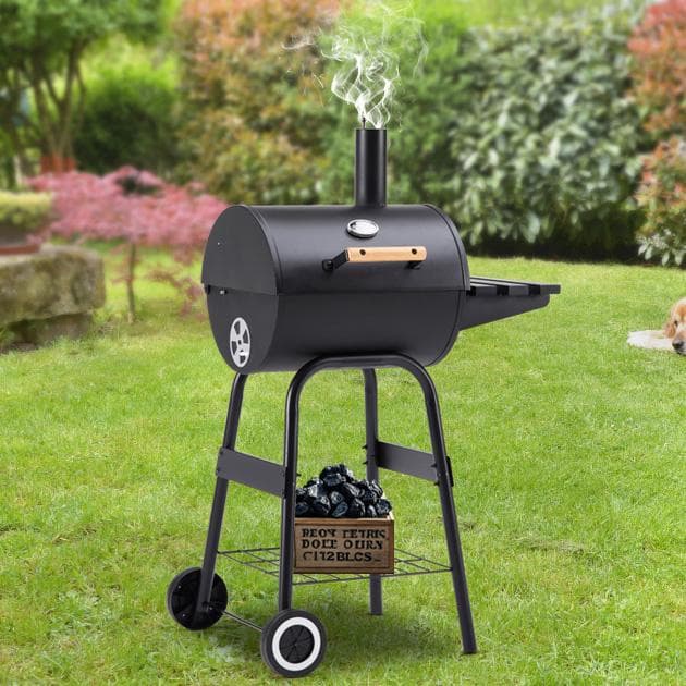 BBQコンロ 焼き網 温度計 サイドテーブル キャスター 煙突付き Black