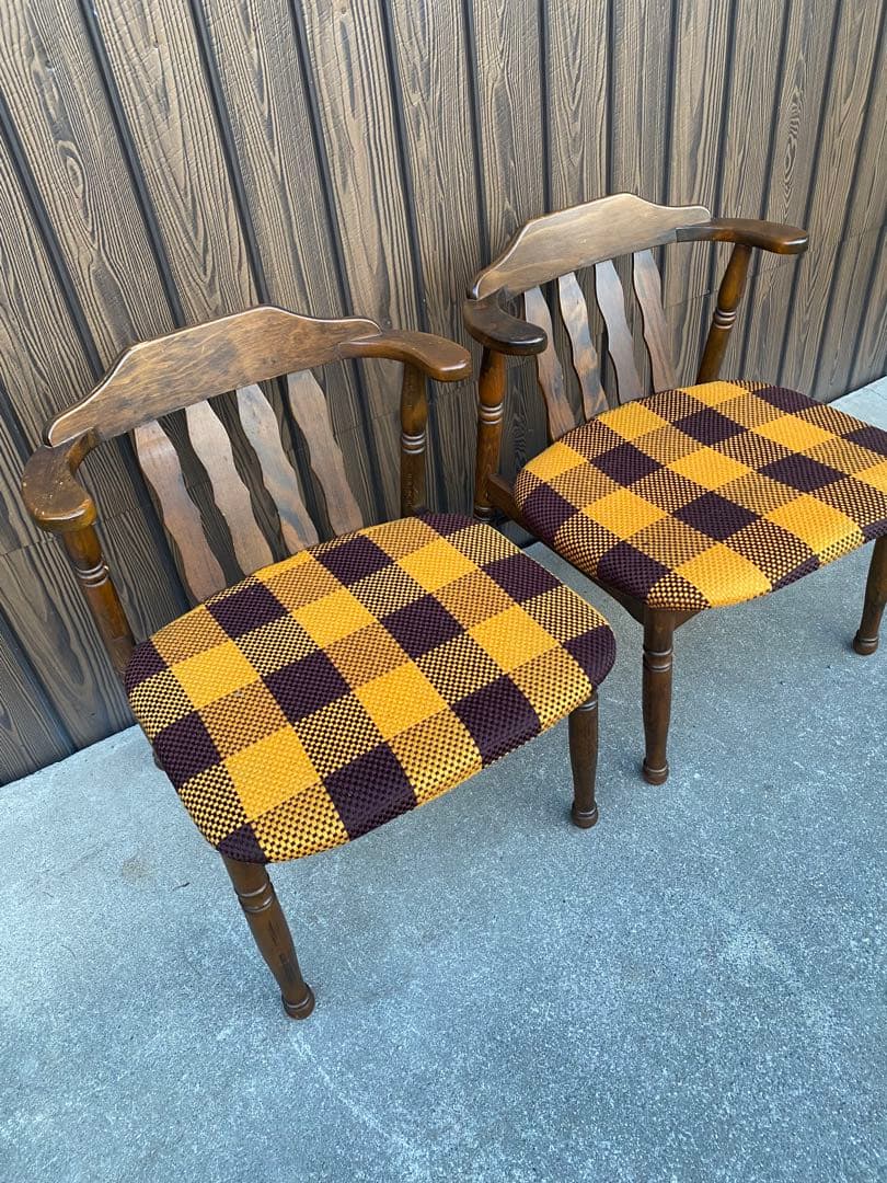 チェック柄ダイニングチェア ヒダカグ レトロ 飛騨家具 木製イス 椅子