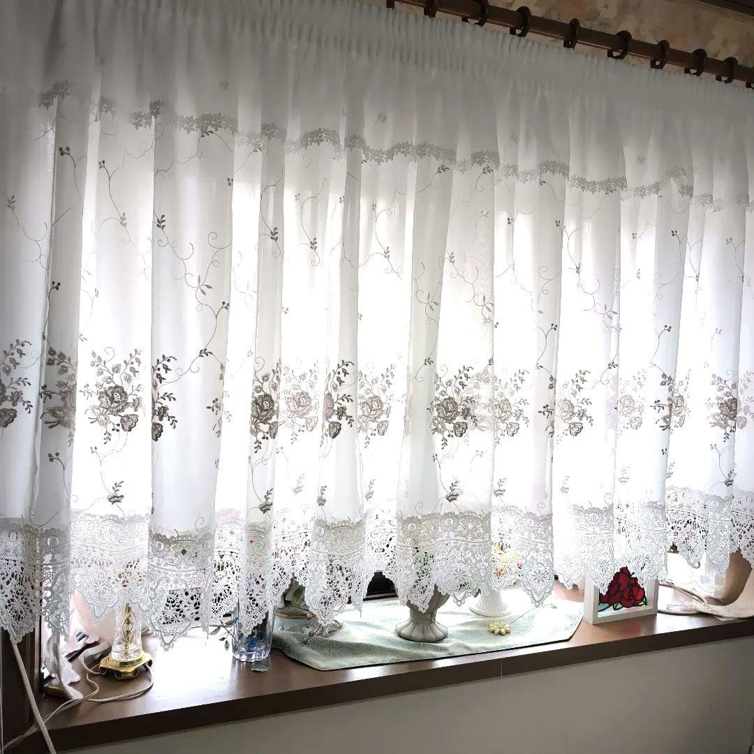 カフェカーテン【あみたろう様オーダー品 バラ刺繍レース 2枚重ね