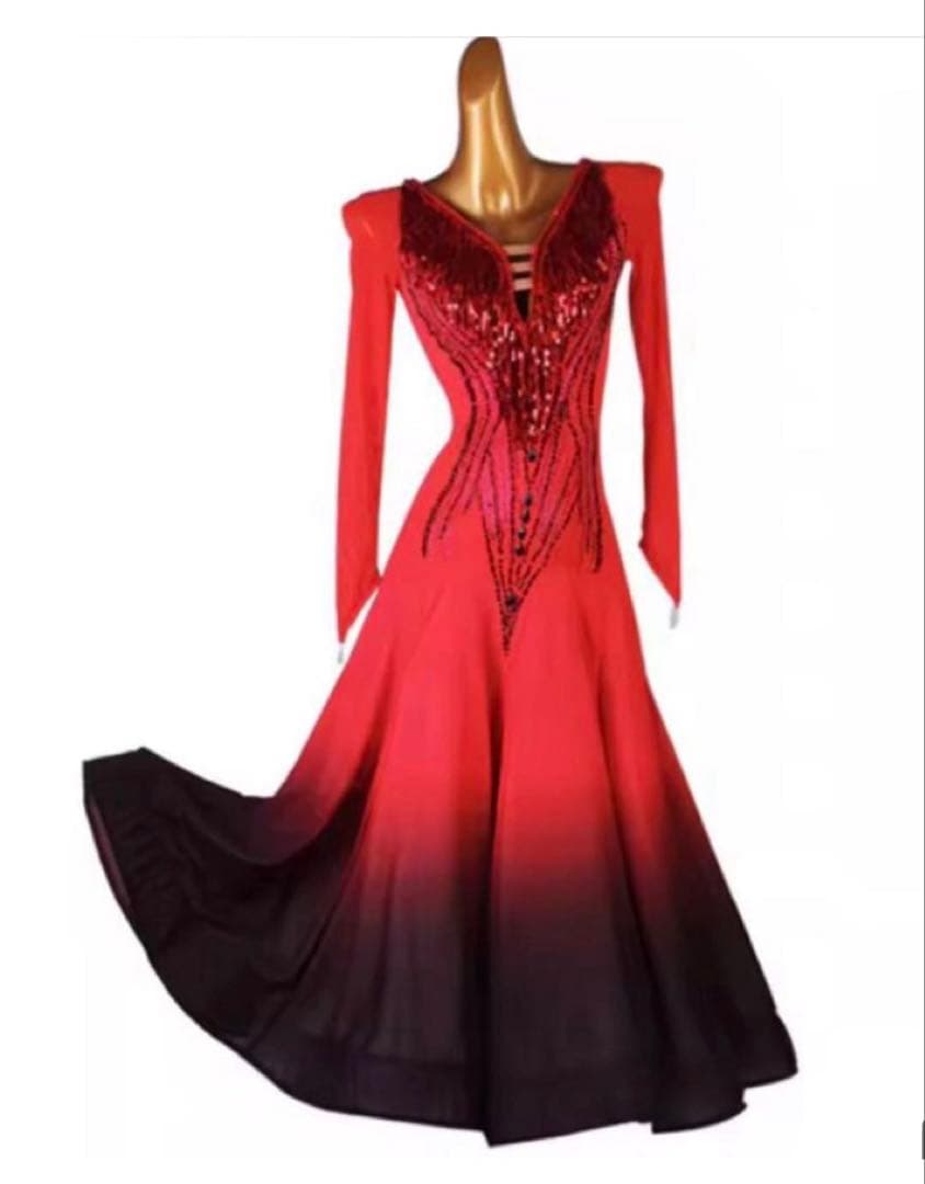 社交ダンス衣装、社交ダンスドレス、赤と黒のグラデーションワンピース