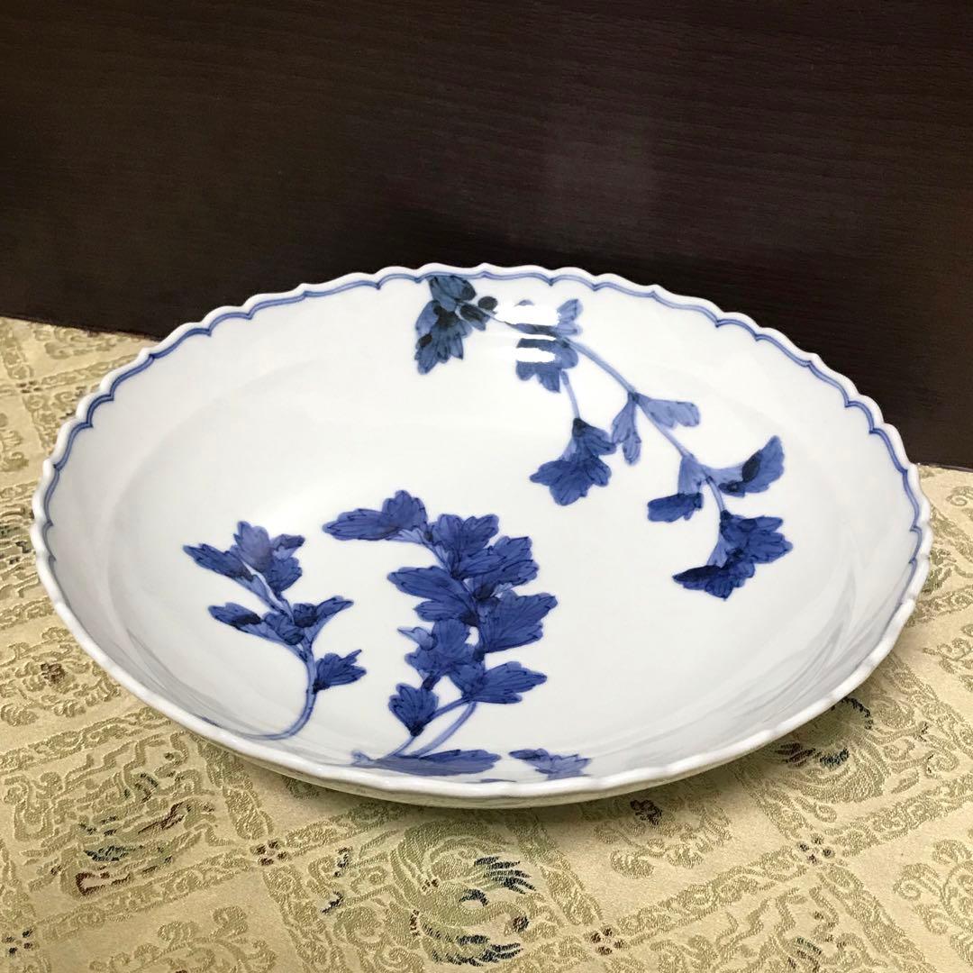 未使用保管✨九谷焼 長左窯 青華蓮文 7号盛皿 宮内庁御用達✨中皿 皿