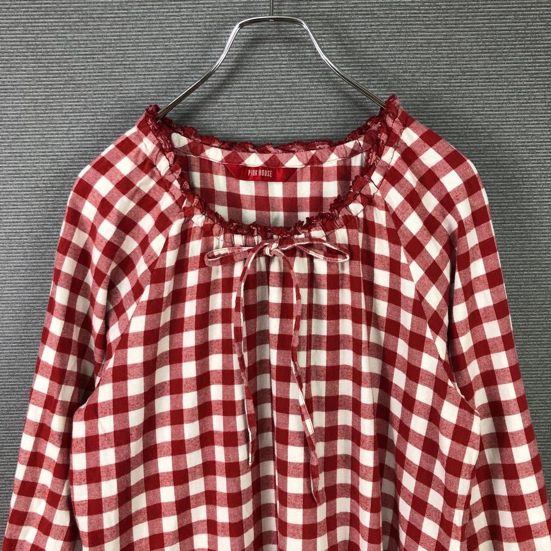 PINK HOUSE ギンガムチェック リボン ひざ丈ワンピース レッド