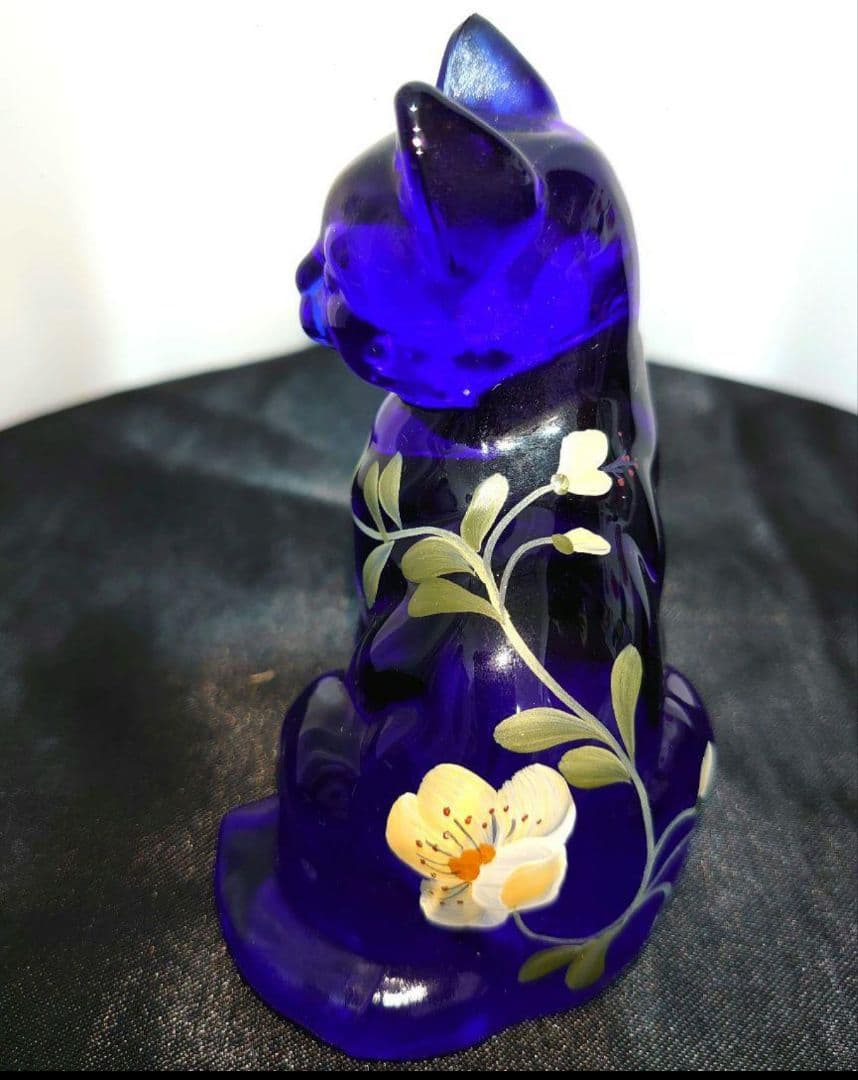 FENTON 花柄 CAT キャット 猫 フェントン ブルーガラス 置物