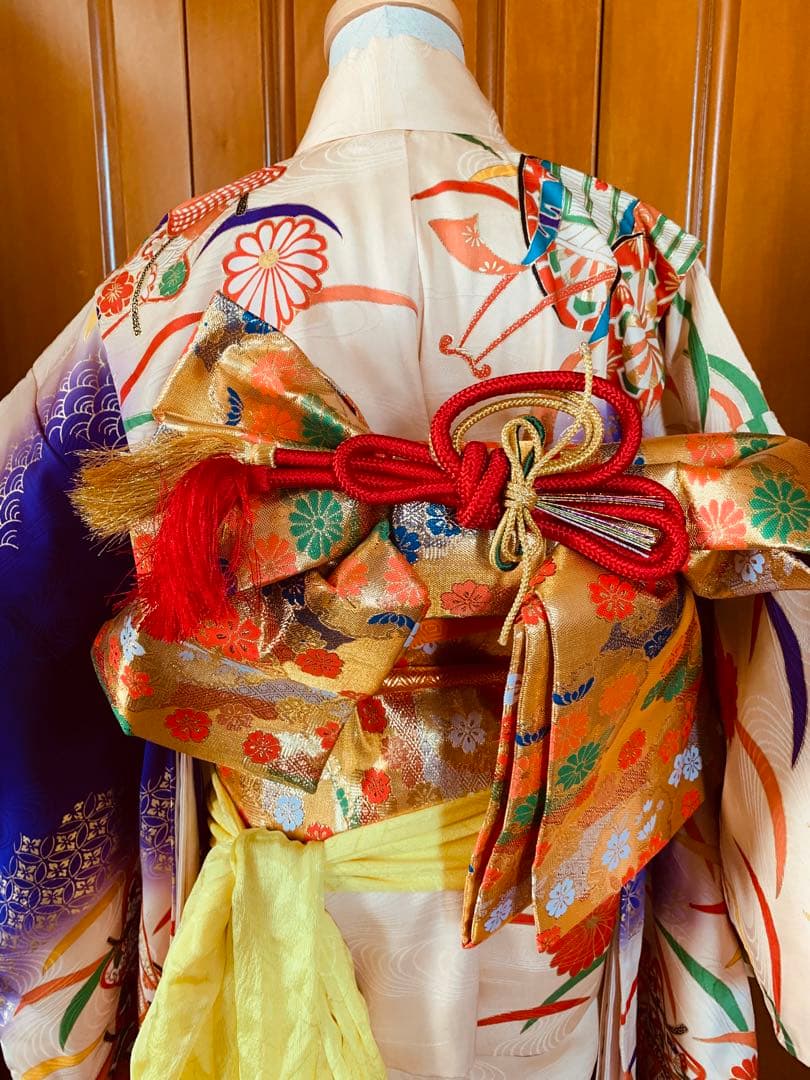 七五三　七歳の女の子の振袖コーディネート　ハーフ成人式にも　つくり帯草履バッグ