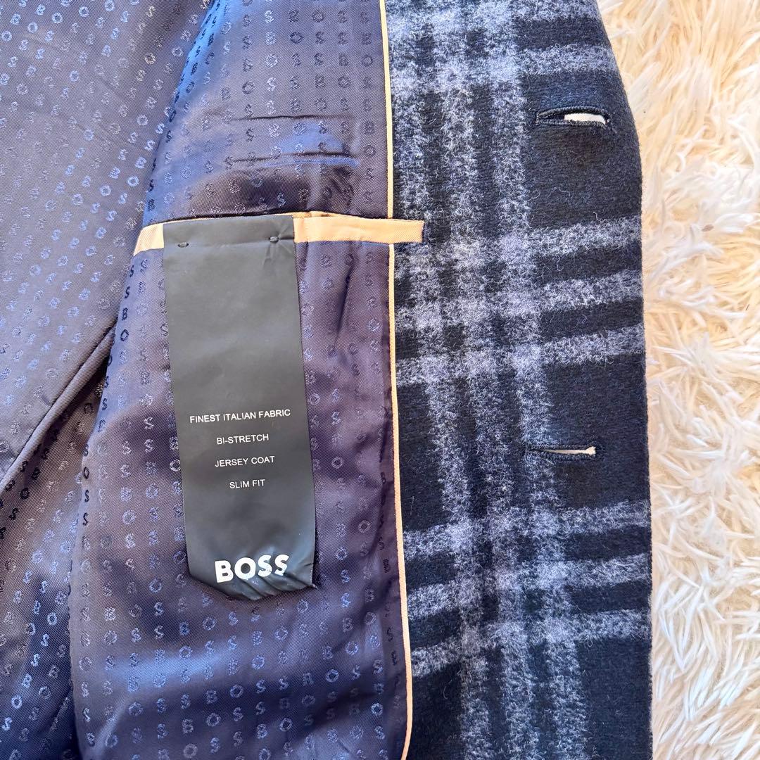 【はな様 現行タグ 極美品 】BOSS チェック チェスターコート 48 L 紺