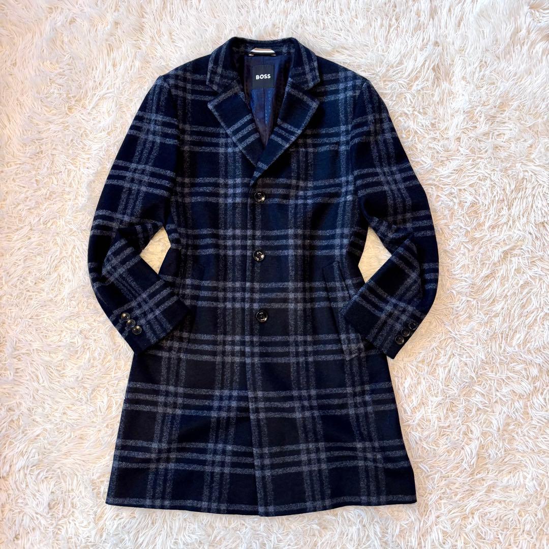 【はな様 現行タグ 極美品 】BOSS チェック チェスターコート 48 L 紺
