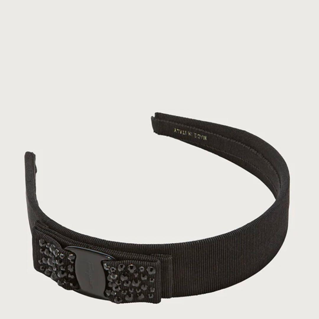 【美品】フェラガモ カチューシャ リボン ビジュー 黒 Ferragamo