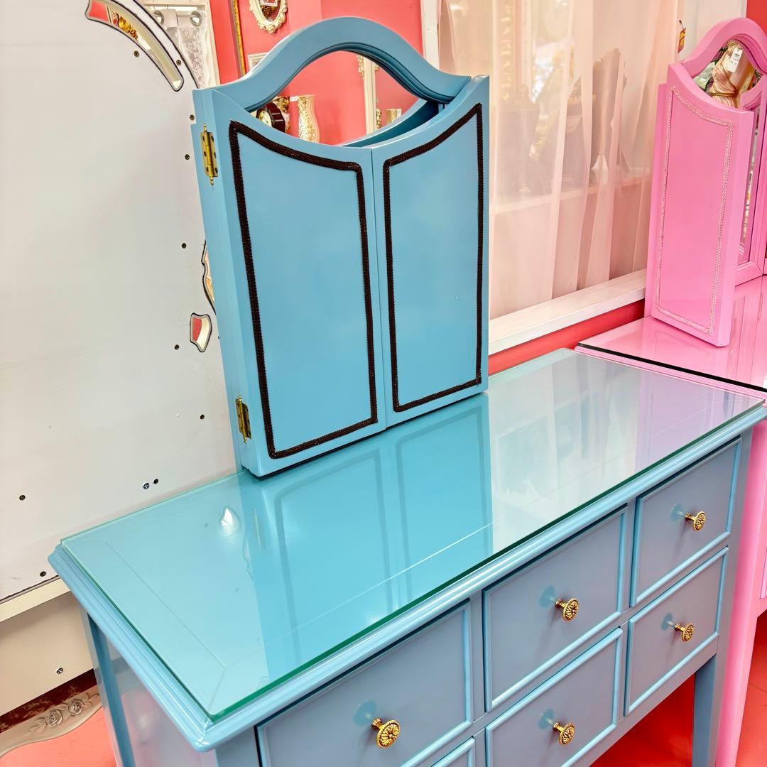 ブルー 3面鏡付 ドレッサー マホガニー材 3面鏡 高級 綺麗 開梱設置