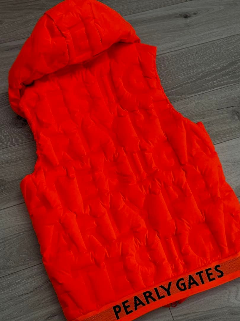 パーリーゲイツ 2WAYダウンベスト 蛍光オレンジ ロゴ型押し フード着脱可