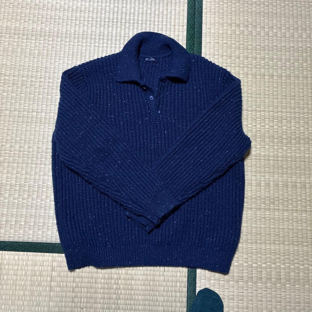 ネイビー ニットポロシャツ 長袖 ボタン付き - メルカリ