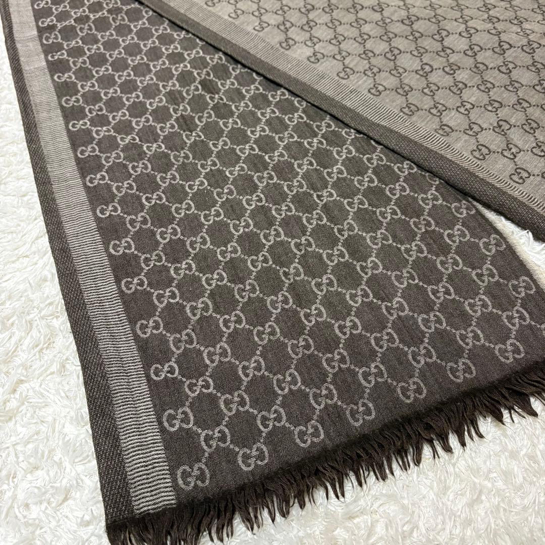 イタリア製　GUCCI ストール　GG柄　ブラウン　大判　ウール　シルク