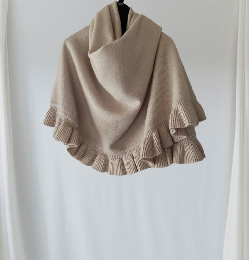 【美品】Chloéアンゴラウール ケープ大判ニット フリルストール半円形ポンチョ