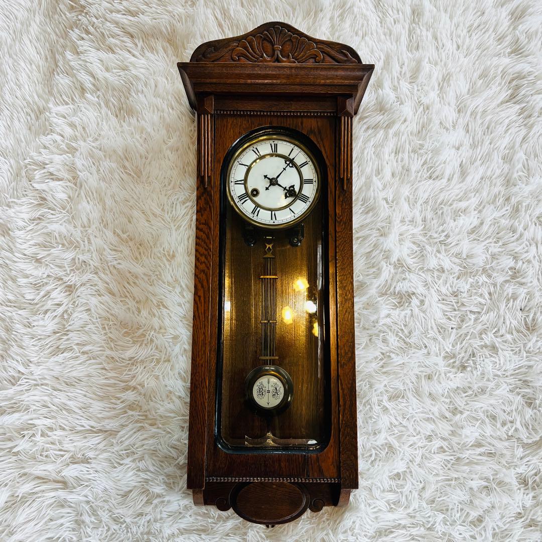 超希少 ゼンマイ式掛け時計 アンティーク 振り子時計 木製 ホーロー