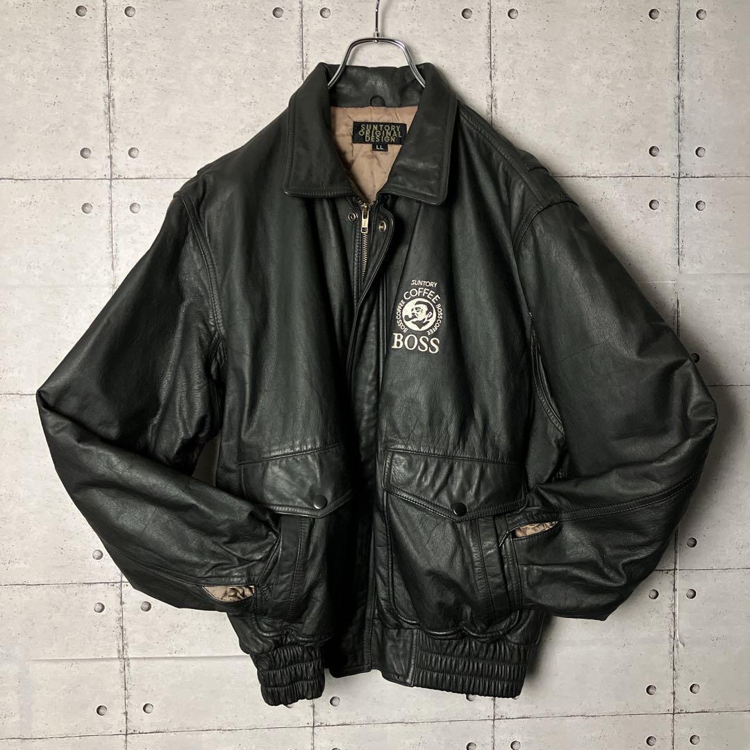 希少】サントリー BOSS☆革ジャン レザー 初代ボスジャン ビッグ刺繍