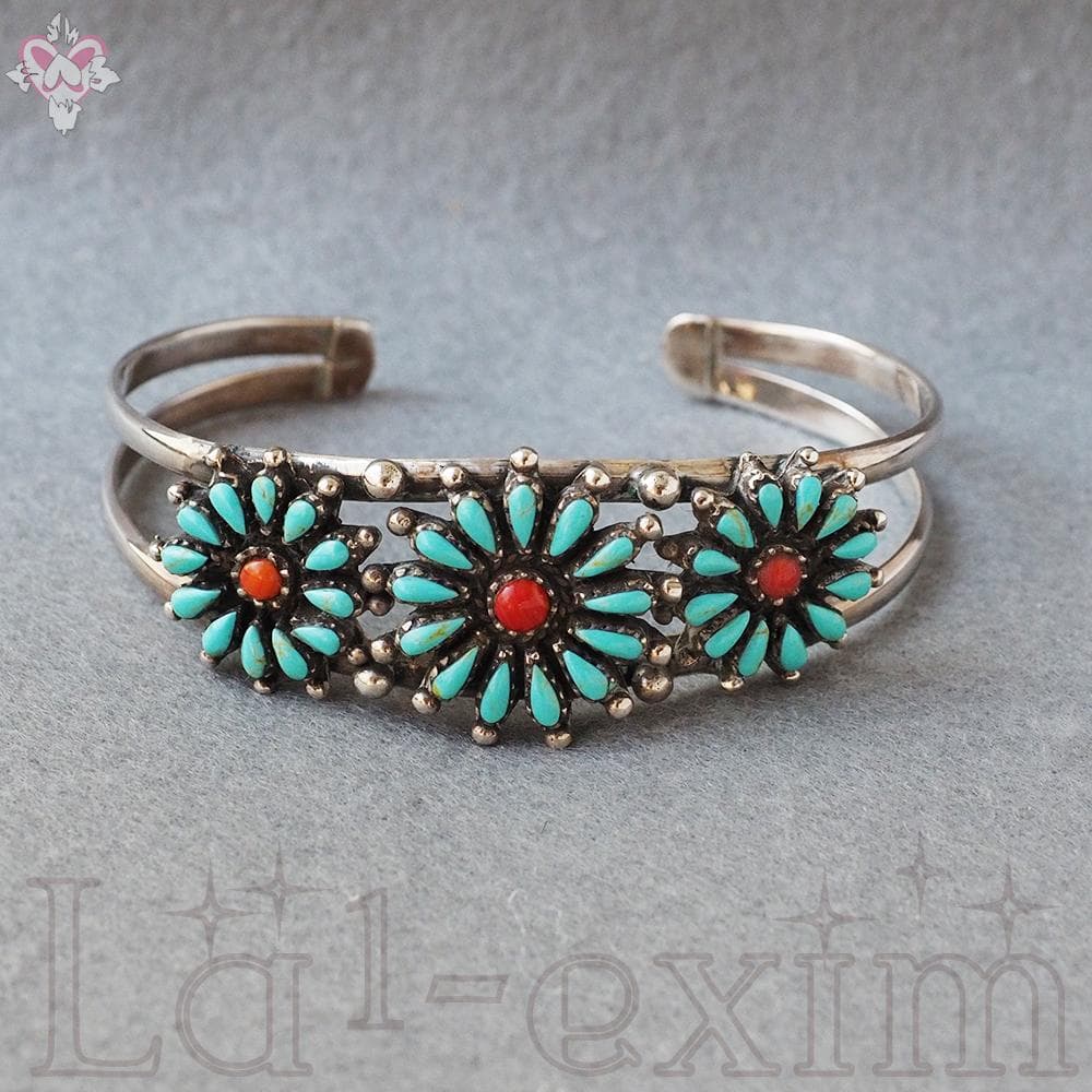 36個 ターコイズ コーラル 小花 インディアンジュエリー 925 銀 バングル