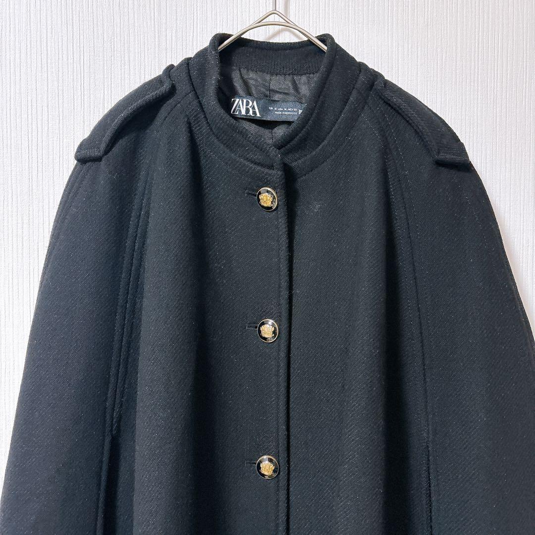 ZARA ザラ ウール ケープ コート ポンチョ 金ボタン ゴールドボタン 黒