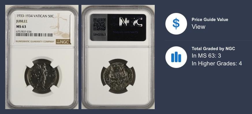 高鑑定 1933-1934 ヴァチカン MS63 50C 硬貨 希少