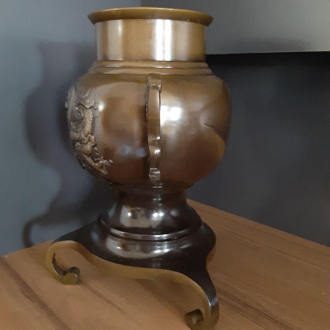 竜 虎柄】唐金製 薄端 うすばた 生け花 花器 池坊 花瓶 銅器 華道具 鋳