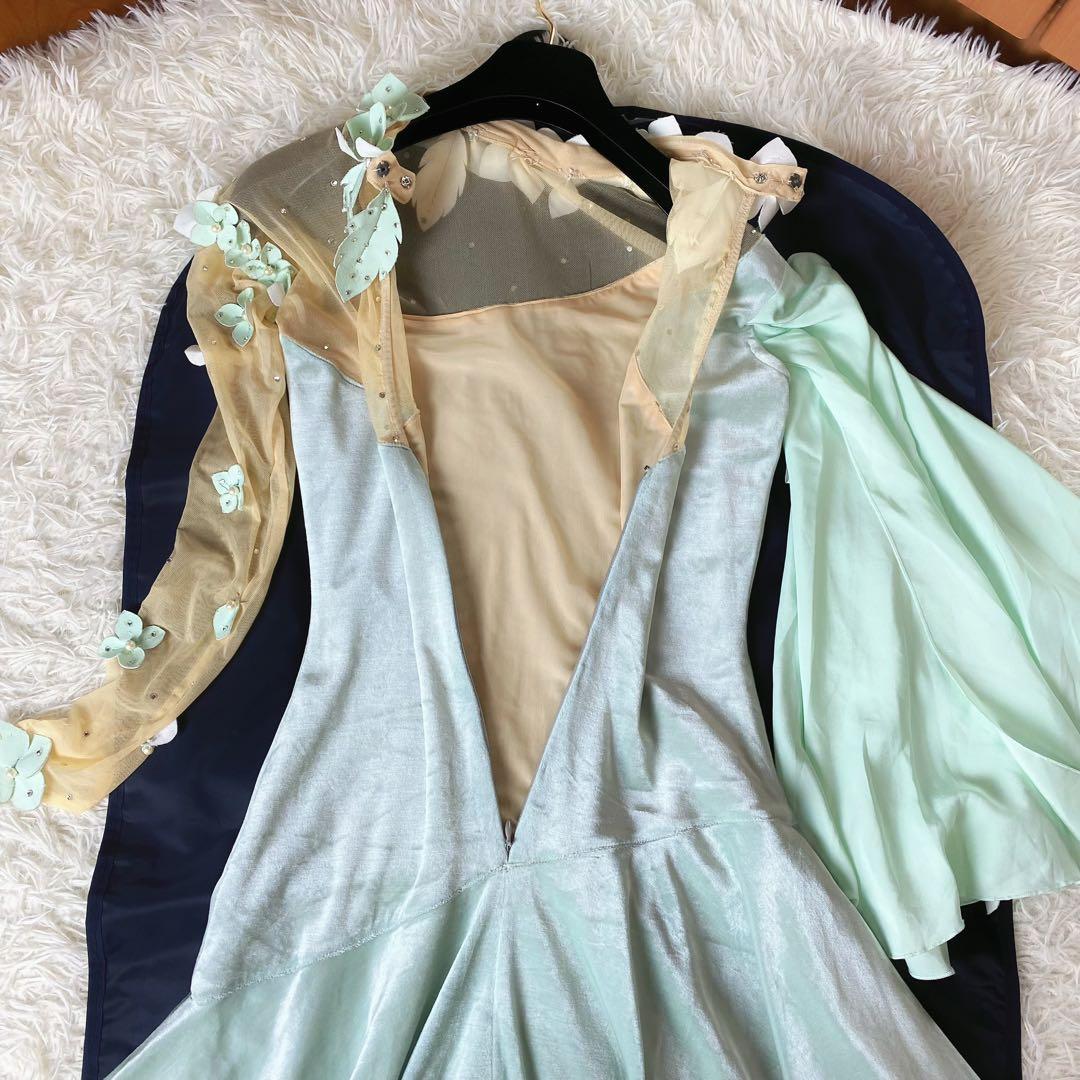 8　社交ダンス　衣装　ベルベット　ドレス　ロングワンピース　立体　花　ミント