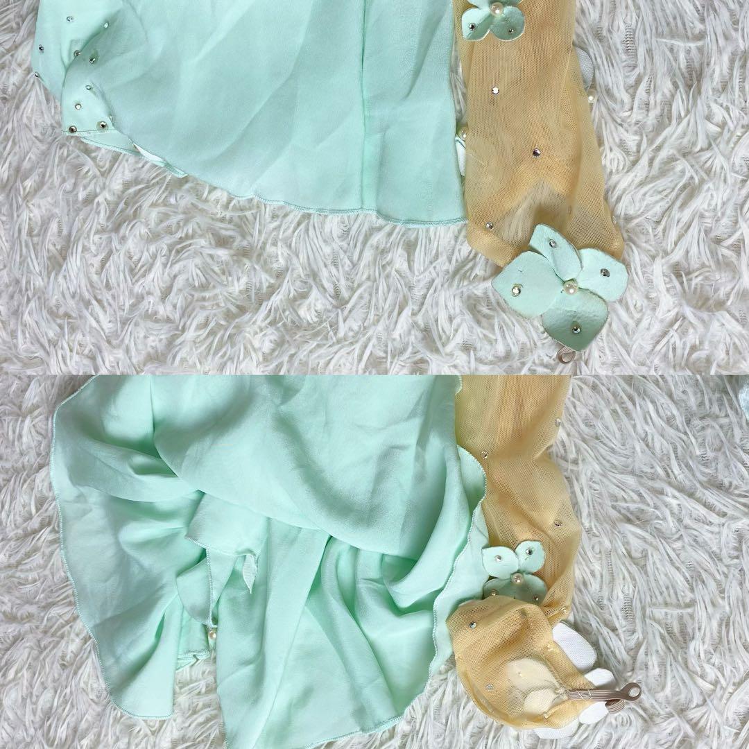 8　社交ダンス　衣装　ベルベット　ドレス　ロングワンピース　立体　花　ミント