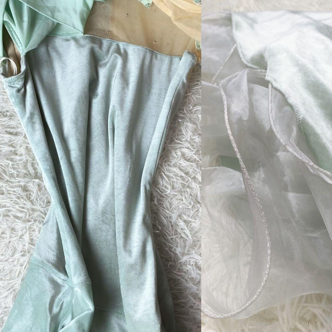 8　社交ダンス　衣装　ベルベット　ドレス　ロングワンピース　立体　花　ミント