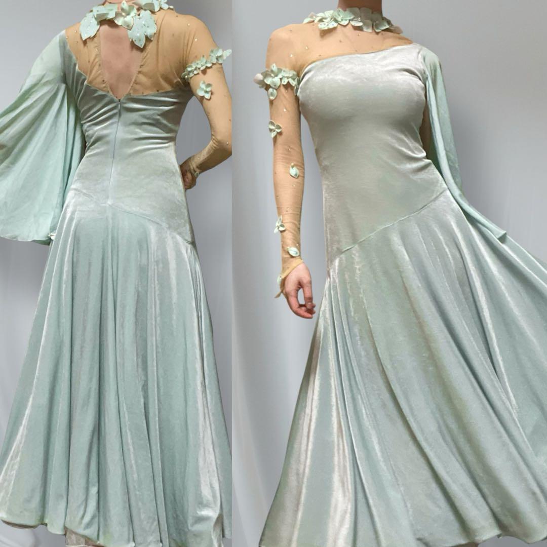 8　社交ダンス　衣装　ベルベット　ドレス　ロングワンピース　立体　花　ミント