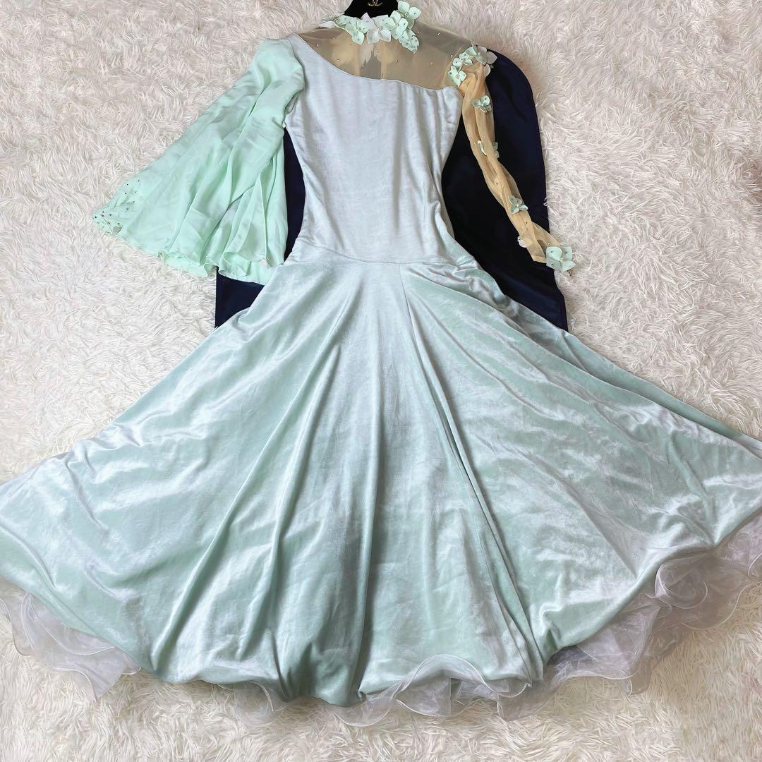 8　社交ダンス　衣装　ベルベット　ドレス　ロングワンピース　立体　花　ミント