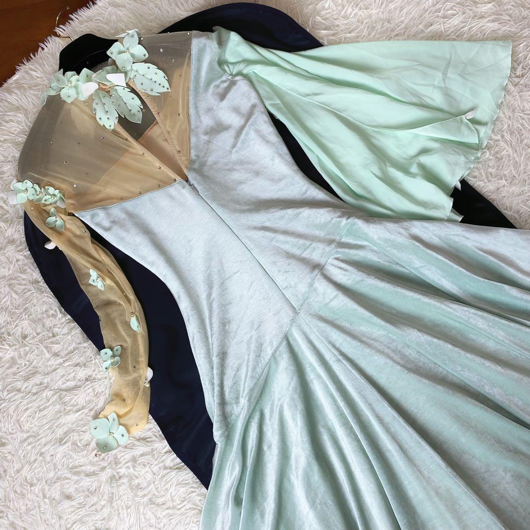 8　社交ダンス　衣装　ベルベット　ドレス　ロングワンピース　立体　花　ミント