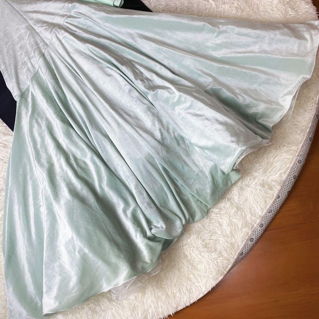 8　社交ダンス　衣装　ベルベット　ドレス　ロングワンピース　立体　花　ミント