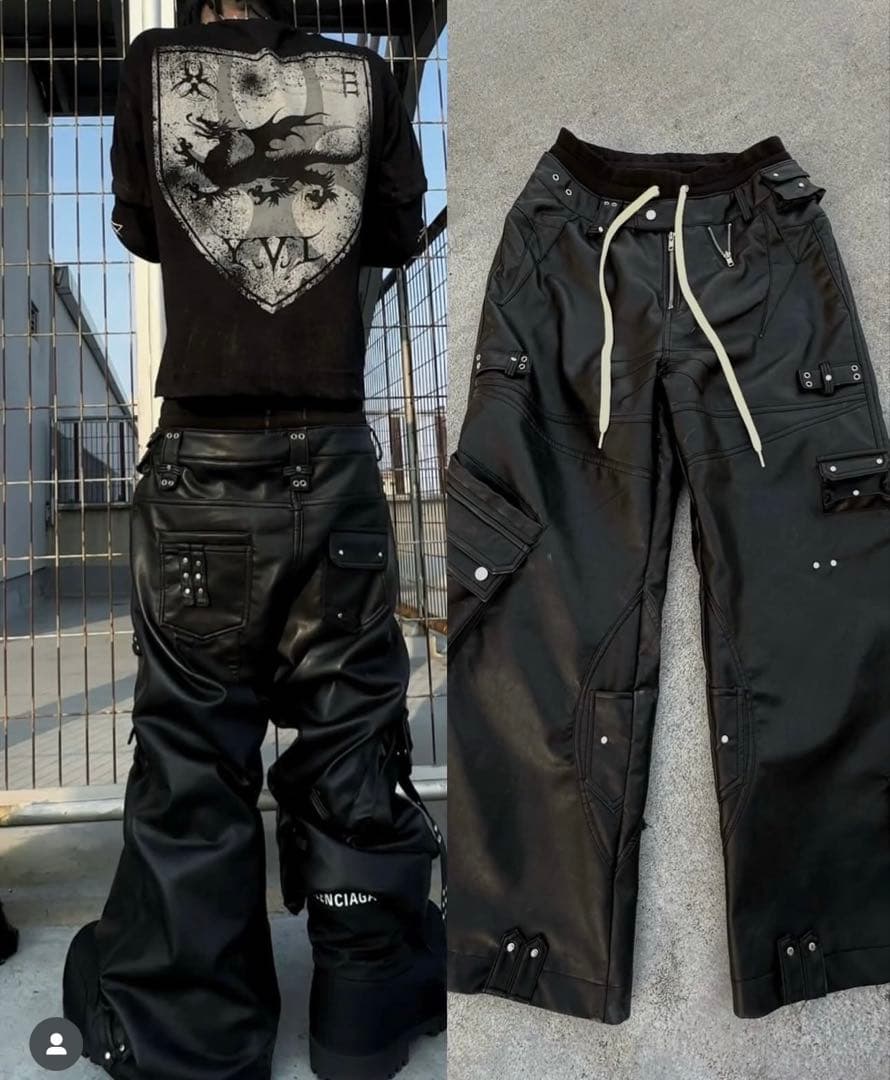 COZY WORLDWIDE レザーカーゴパンツ ブラック