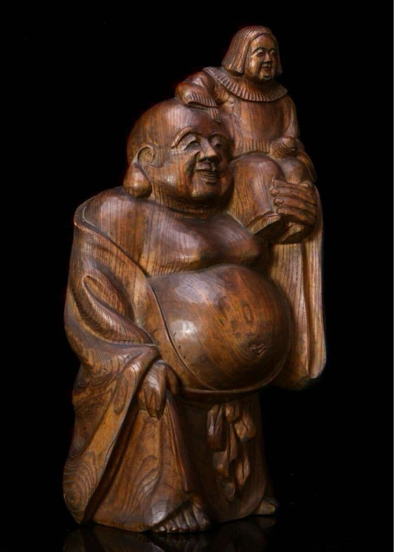 【越後出雲崎の名工・楽意 米眞作】木彫「童子布袋尊像」 高さ45cm 置物