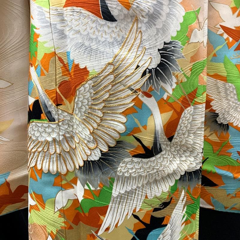 511ag12□七五三 七歳 女児 着物&袋帯&長襦袢 金彩 地紋 鶴□状態良好