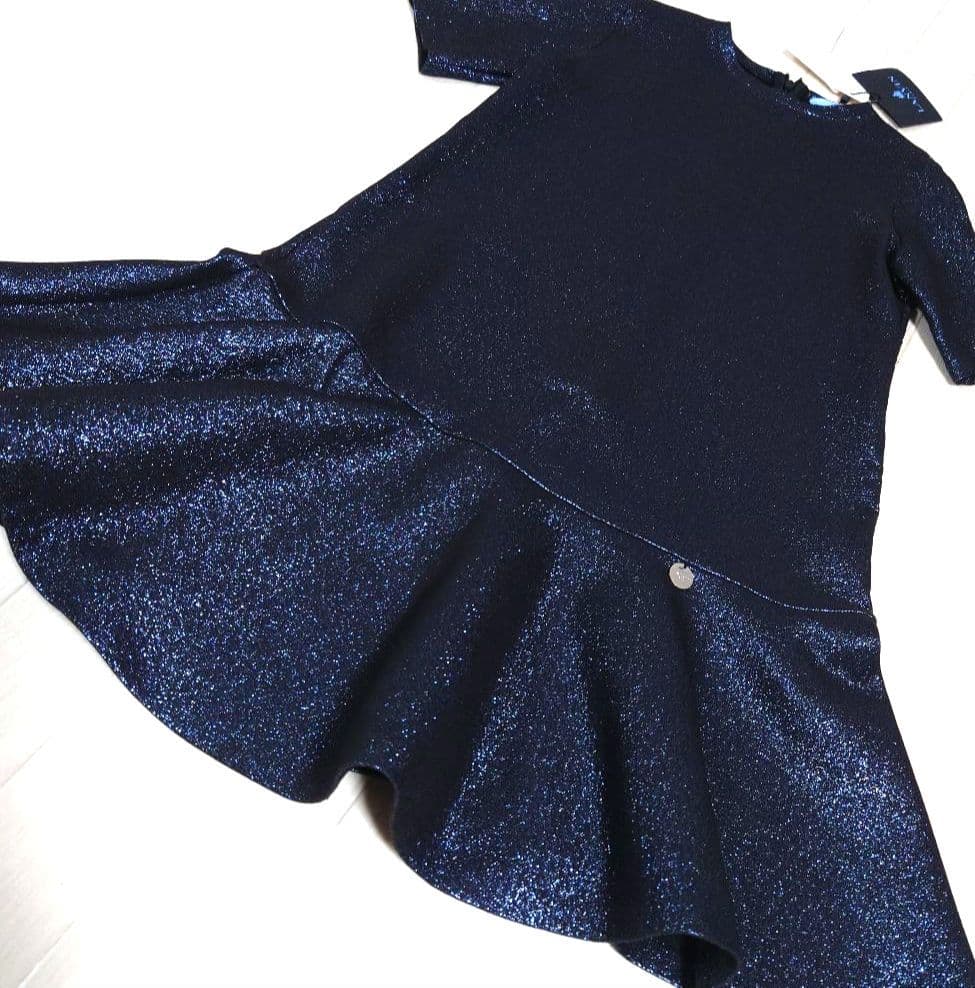 ランバンsize10/140サイズ フレアカットワンピースドレス 青 キラキラ