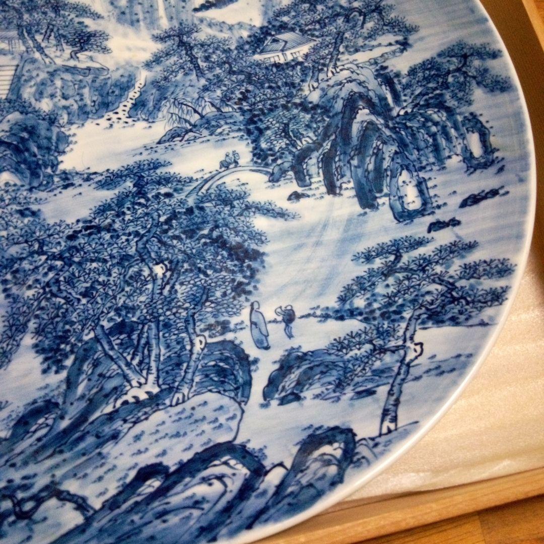 陶器大皿 直径約４５cm　青.山水画