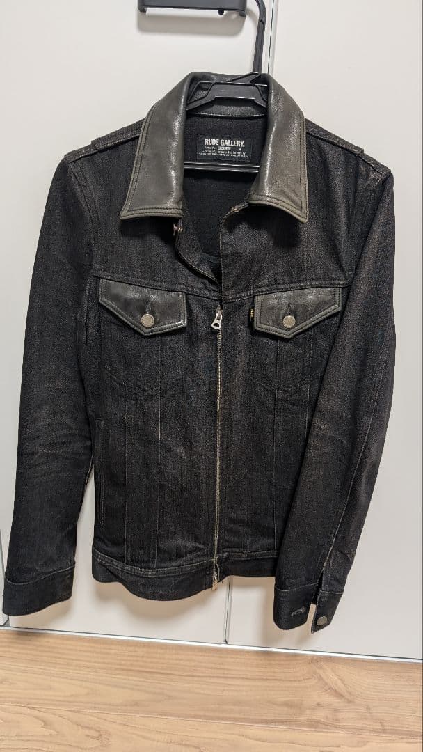 ルードギャラリー　ブラックデニムジャケット レザー襟付き