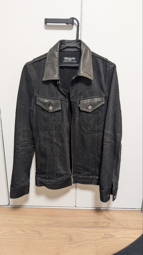 ルードギャラリー　ブラックデニムジャケット レザー襟付き