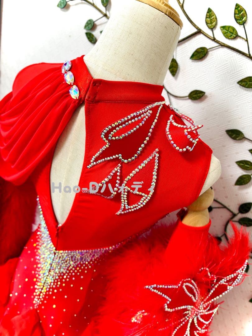 新品★ダンスドレス★スタンダード★社交ダンス★競技会★パーティー★赤★ファー