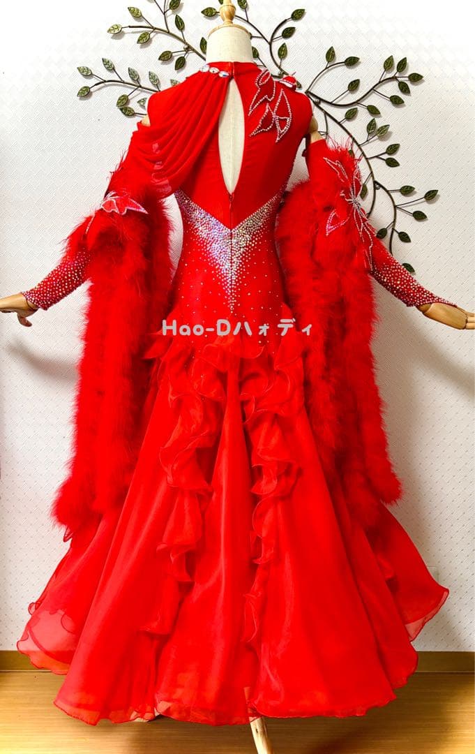 新品★ダンスドレス★スタンダード★社交ダンス★競技会★パーティー★赤★ファー