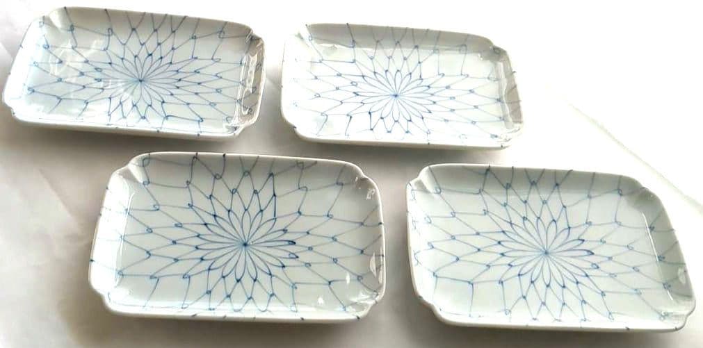 有田焼✨増山窯✨4枚❣️長皿 さんま皿 和食器 和柄 和皿 長方形 藍色 花網目