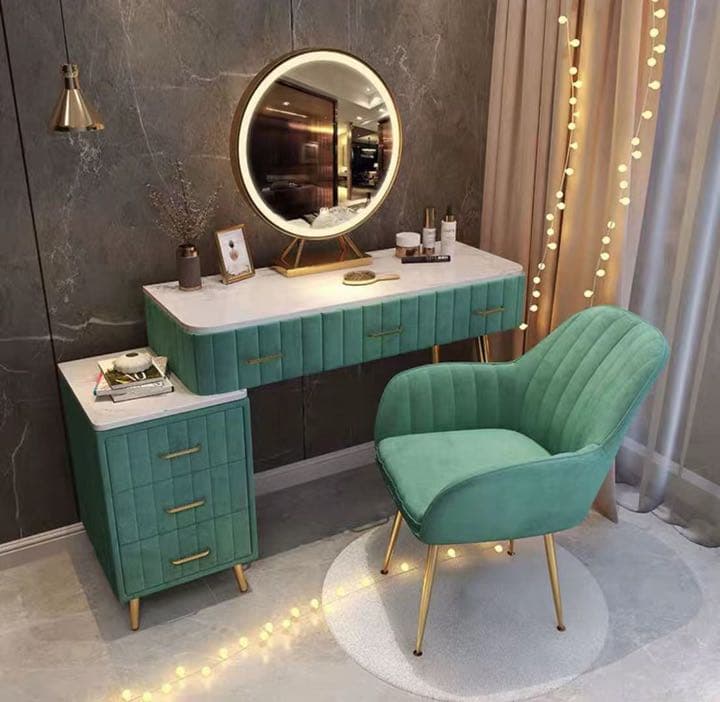 オシャレドレッサー ベージュ デスク引き出し3杯LEDミラー 椅子 棚4点