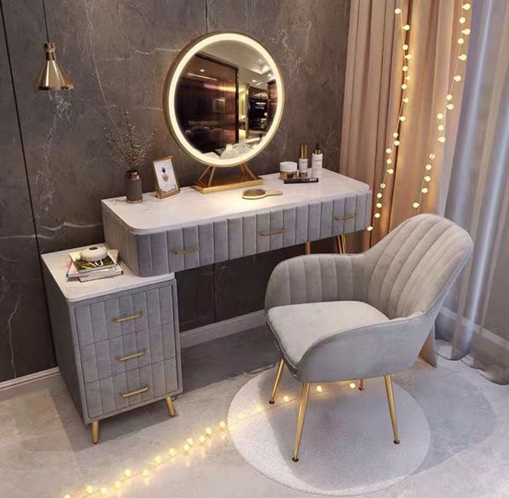 オシャレドレッサー ベージュ デスク引き出し3杯LEDミラー 椅子 棚4点