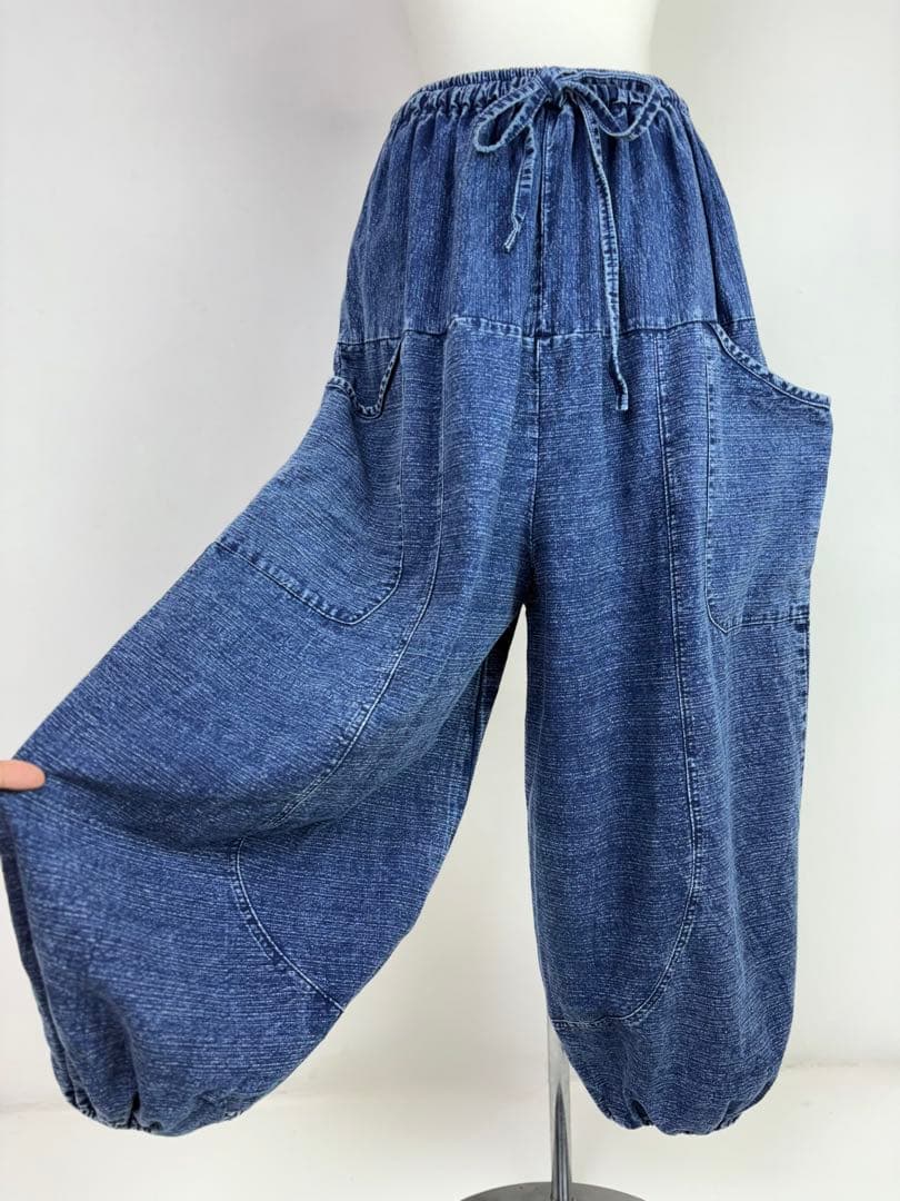 【新品】藍染　ストーンウォッシュ　タイパンツ　バルーン　男女兼用　F455