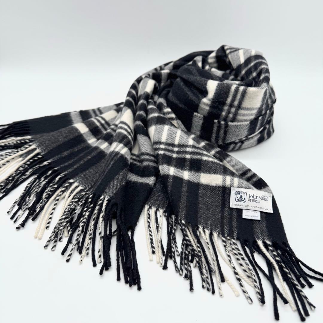 美品 ジョンストンズ 大判ストール カシミヤ100 チェック ブラック ホワイト