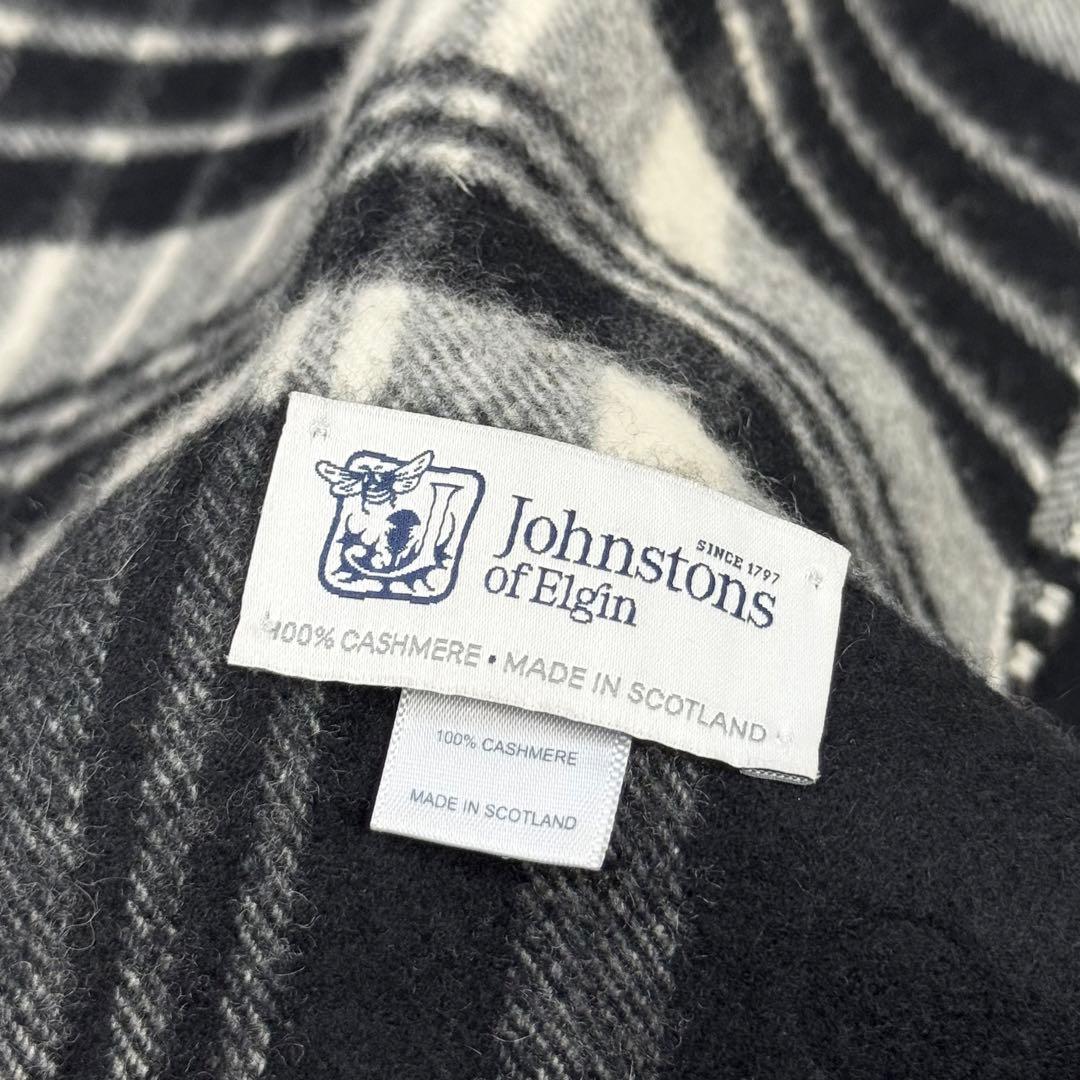 美品 ジョンストンズ 大判ストール カシミヤ100 チェック ブラック ホワイト