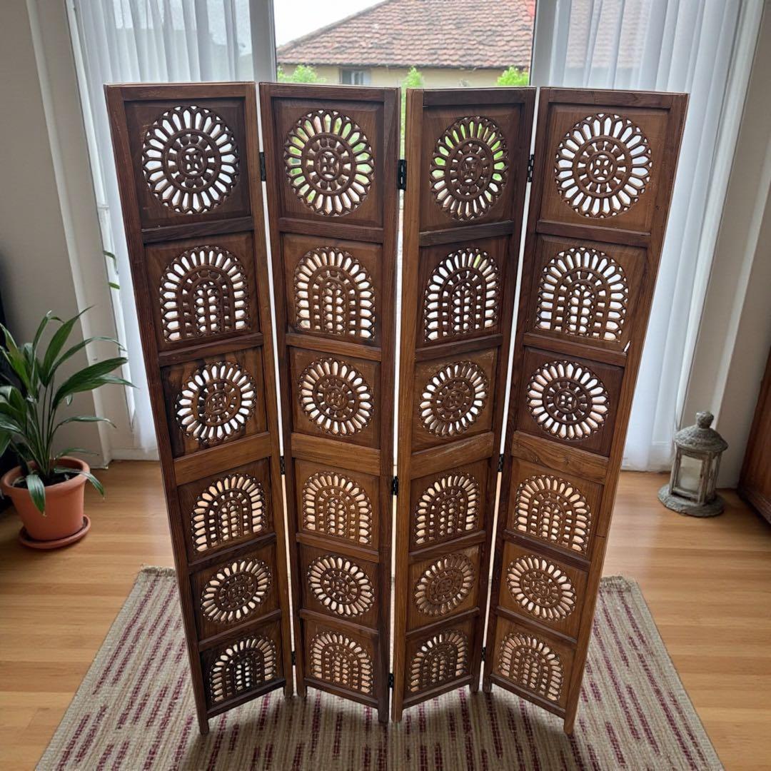 彫刻アンティーク 木製パーテーション 4連 透かし彫り 間仕切り - メルカリ