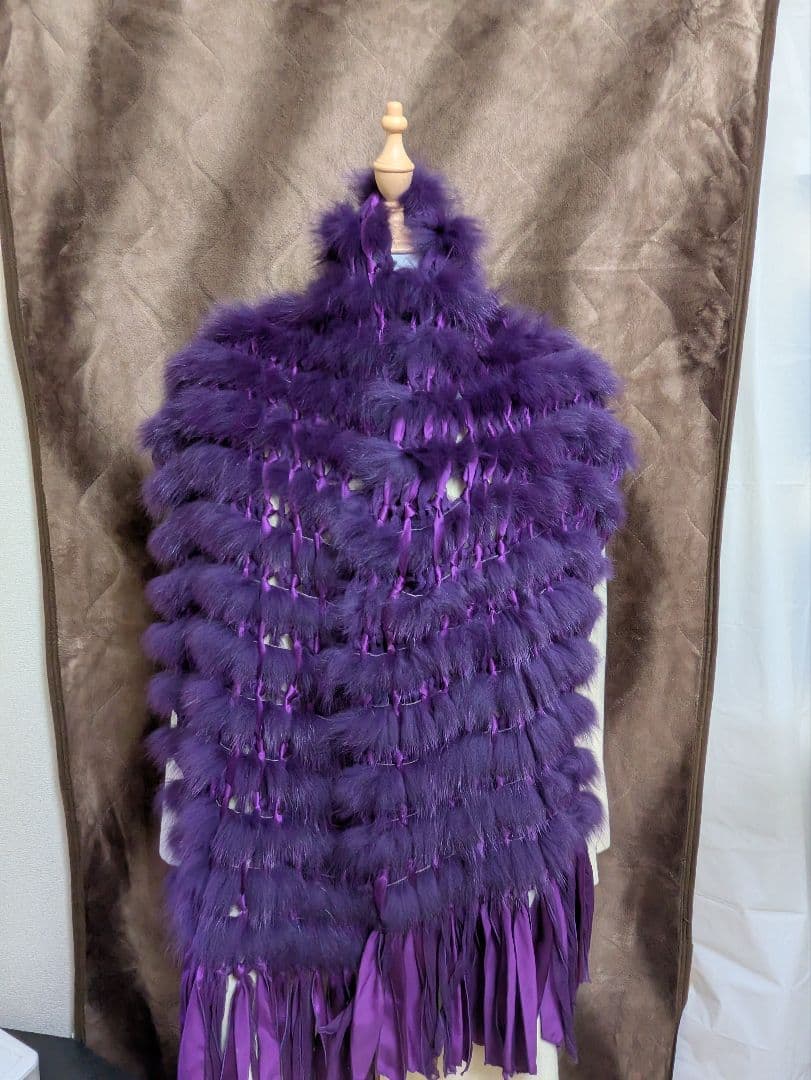 紫色ファー フリンジ付きストール