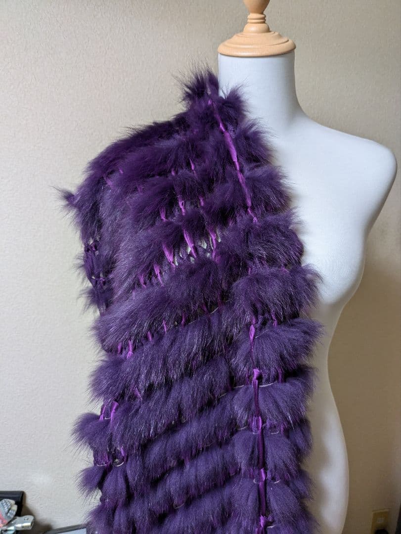 紫色ファー フリンジ付きストール